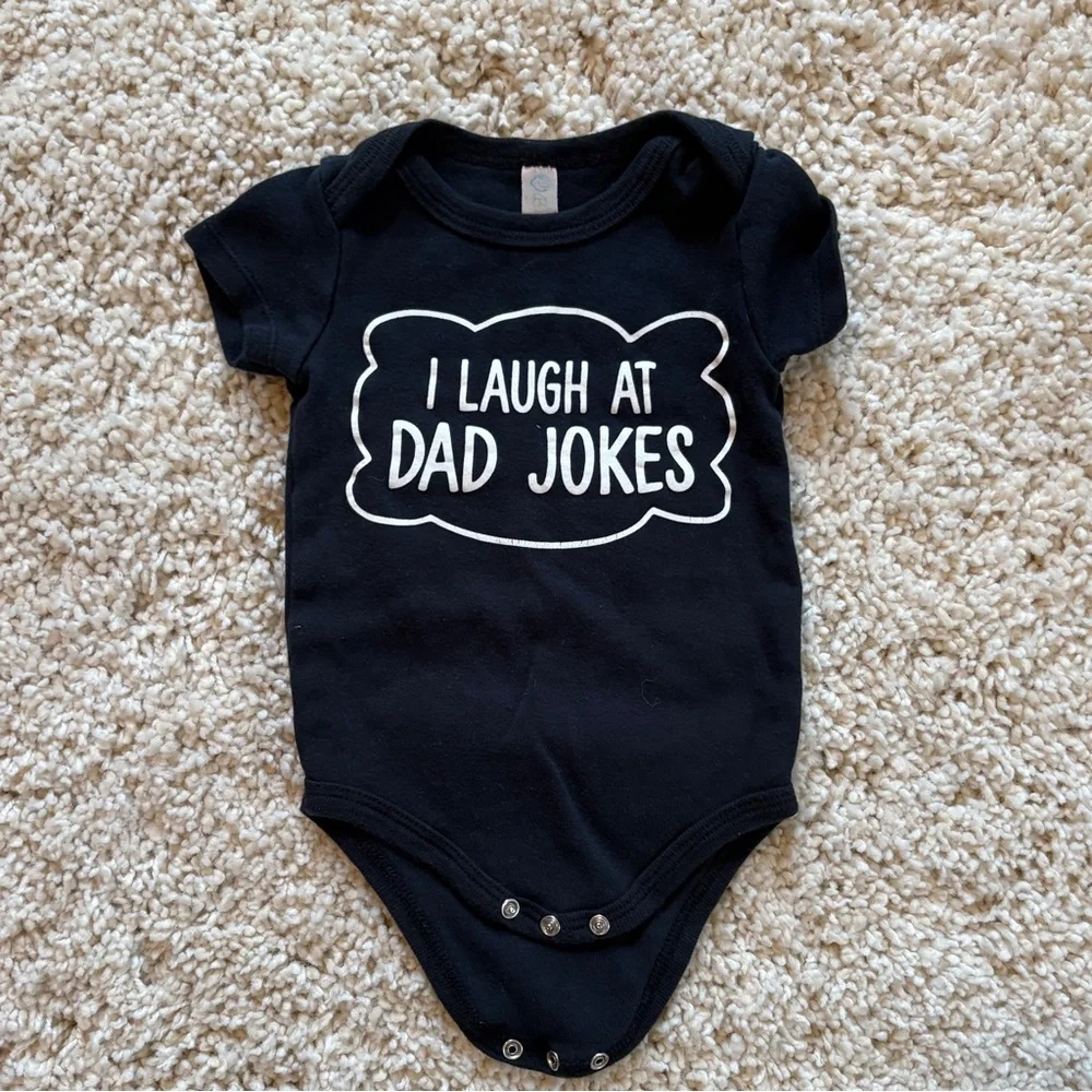 Gender Neutral Onesie Bodysuits Gray Black White “ I Laugh at Dad Jokesl” ABCs